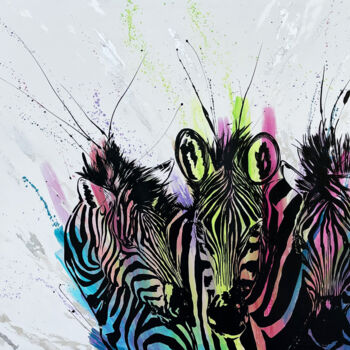 "Three Colored Zebras" başlıklı Tablo Luca Azzurro Arts tarafından, Orijinal sanat, Akrilik Ahşap Sedye çerçevesi üzerine mo…