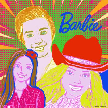 「Pop Barbie」というタイトルの絵画 Karine Collombによって, オリジナルのアートワーク, デジタル絵画 ウッドストレッチャーフレームにマウント