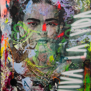 Kolaże zatytułowany „Frida Kahlo's Neon…” autorstwa Natalie Otalora, Oryginalna praca, Akryl Zamontowany na Drewniana rama n…