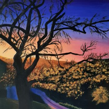 Pittura intitolato "Sunset and tree, la…" da Monica Le Crom, Opera d'arte originale, Acrilico Montato su Telaio per barella…