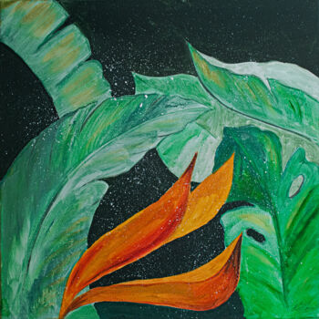 「Tropical leaves」というタイトルの絵画 Anelia Shikovaによって, オリジナルのアートワーク, アクリル ウッドストレッチャーフレームにマウント
