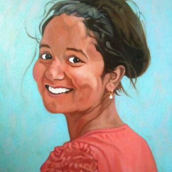 Painting titled "Cutie looking back…" by Takuart, Original Artwork, Oil Mounted on Wood Stretcher frame