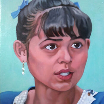 Painting titled "A girl in blue" by Takuart, Original Artwork, Oil Mounted on Wood Stretcher frame