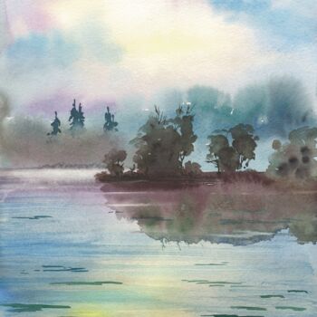 Peinture intitulée "Small island and fo…" par Eugene Popov, Œuvre d'art originale, Aquarelle