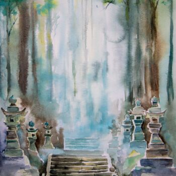 Painting titled "Illuminated stairs…" by Eugene Popov, Original Artwork, Watercolor