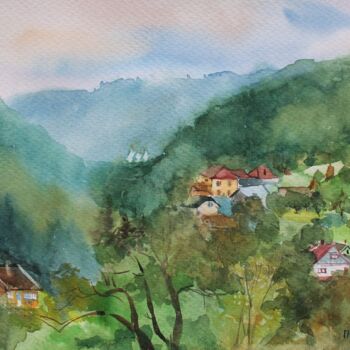 Painting titled "Panorama of the vil…" by Tatiana Gliadchenko, Original Artwork, Watercolor