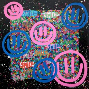 Peinture intitulée "Love Smiley" par Monna Art, Œuvre d'art originale, Bombe aérosol Monté sur Châssis en bois