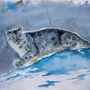 绘画 标题为“The snow leopard or…” 由Eugene Popov, 原创艺术品, 水彩