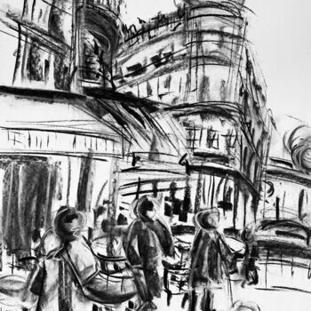 图画 标题为“Rue commercante” 由Regine Blot, 原创艺术品, 木炭 安装在木板上