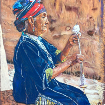 Pittura intitolato "Spinning the wool" da Mohamed Lazreg, Opera d'arte originale, Pastello