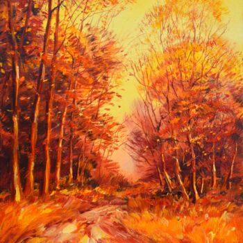 Painting titled "Осенний лес" by Uladzimir Hurbo, Original Artwork, Oil Mounted on Wood Stretcher frame