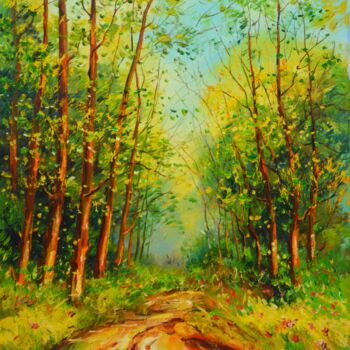 Painting titled "Лесная дорожка" by Uladzimir Hurbo, Original Artwork, Oil Mounted on Wood Stretcher frame