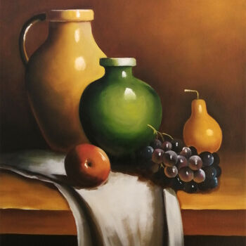 Painting titled "Nature morte 2" by Christian Bouard, Original Artwork, Oil Mounted on Wood Stretcher frame
