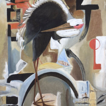 Painting titled "Une grue s'est perd…" by Gilles Chambon, Original Artwork, Oil Mounted on Wood Stretcher frame