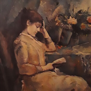 绘画 标题为“Donna che legge in…” 由Pasquale Minervino (Minervino), 原创艺术品, 油 安装在木质担架架上