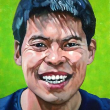 Painting titled "Smile! #2" by Takuart, Original Artwork, Oil Mounted on Wood Stretcher frame