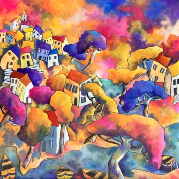 Peinture intitulée "Village arboré en b…" par Fauve, Œuvre d'art originale, Acrylique Monté sur Châssis en bois