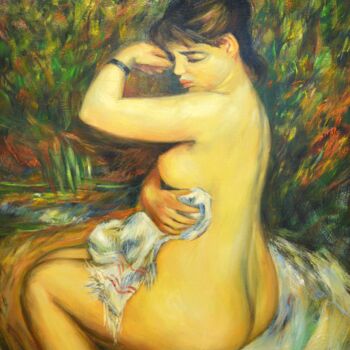 Painting titled "Купальщица" by Uladzimir Hurbo, Original Artwork, Oil Mounted on Wood Stretcher frame