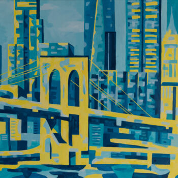 Ζωγραφική με τίτλο "Brooklyn Bridge at…" από Beate Blume, Αυθεντικά έργα τέχνης, Ακρυλικό Τοποθετήθηκε στο Ξύλινο φορείο σκε…