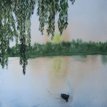 「Sunset on the lake」というタイトルの絵画 Zolochevska Olenaによって, オリジナルのアートワーク, 水彩画