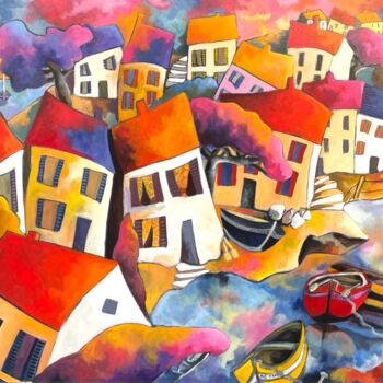 Painting titled "Village en bord de…" by Fauve, Original Artwork, Acrylic Mounted on Wood Stretcher frame