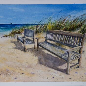 Painting titled "Benches on the Beac…" by Paula Bridges, Original Artwork, Watercolor Mounted on Other rigid panel