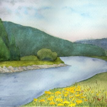 Painting titled "River" by Olena Zhylenko, Original Artwork, Watercolor