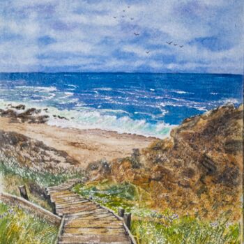 Painting titled "Steps to the Sandy…" by Paula Bridges, Original Artwork, Watercolor Mounted on Other rigid panel