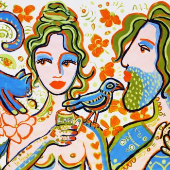 Schilderij getiteld "Vacation Mood Cats…" door Natalya Volynska, Origineel Kunstwerk, Acryl