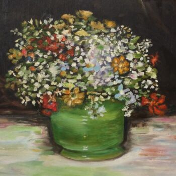 제목이 "Flowers in a green…"인 미술작품 Steve Phillips로, 원작, 기름 나무 들것 프레임에 장착됨