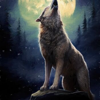Digital Arts titled "Wolf Howling At The…" by Gerry Martinez, Original Artwork, Digital Painting
