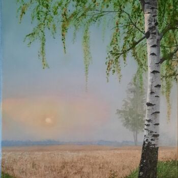 제목이 "Вirch in a foggy da…"인 미술작품 Olena Berest로, 원작, 기름 나무 들것 프레임에 장착됨