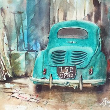 Painting titled "4CH Renault" by Marc Broudic, Original Artwork, Watercolor