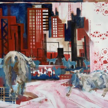 Painting titled "Untitled (with goat…" by Andrii Davydenko, Original Artwork, Oil Mounted on Wood Stretcher frame