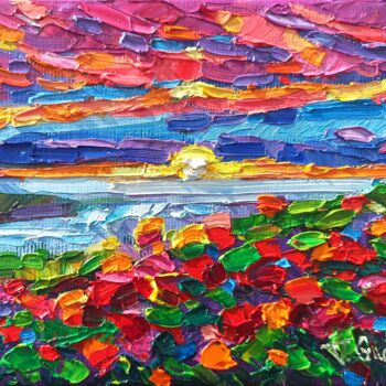 Painting titled "Little poppy field" by Vanya Georgieva, Original Artwork, Oil Mounted on Wood Stretcher frame