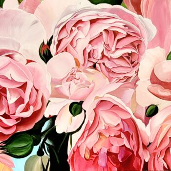 Painting titled "Climbing roses abun…" by Sylvia Eder, Original Artwork, Acrylic Mounted on Wood Stretcher frame