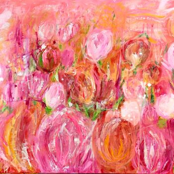 Painting titled "Field of tulips" by Sylvia Eder, Original Artwork, Acrylic Mounted on Wood Stretcher frame