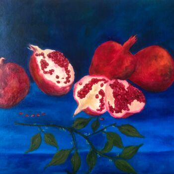 Pintura intitulada "Pomegranates in blue" por Marina Gorbachova, Obras de arte originais, Óleo