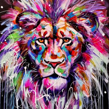 Painting titled "Lion - vild animal…" by Aliaksandra Tsesarskaya, Original Artwork, Acrylic Mounted on Wood Stretcher frame
