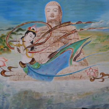 绘画 标题为“石佛与飞天” 由裕平 陈, 原创艺术品, 油 安装在木质担架架上