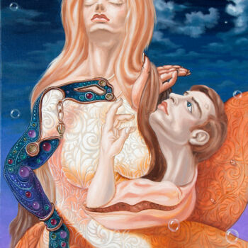 Painting titled "Surreal portrait of…" by Victor Molev, Original Artwork, Oil Mounted on Wood Stretcher frame