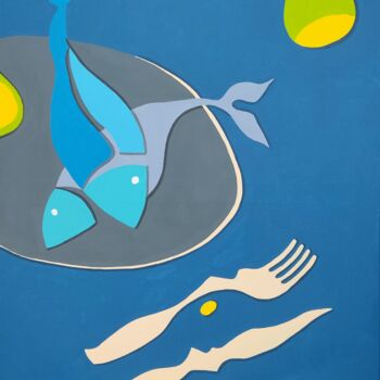 Malerei mit dem Titel "Still life with fish" von Peter Vamosi, Original-Kunstwerk, Acryl Auf Keilrahmen aus Holz montiert