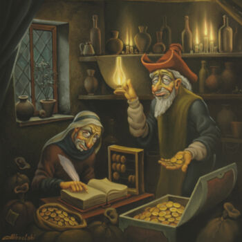 Pittura intitolato "Счетоводы." da Anatolii Kozelskii, Opera d'arte originale, Olio
