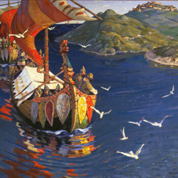 Painting titled "Les invités étrange…" by Nicolas Roerich, Original Artwork, Oil