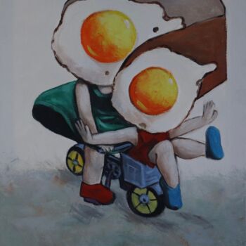 Painting titled "Egg Girls on a bike" by Ta Byrne, Original Artwork, Oil