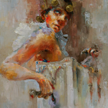 Painting titled "organ grinder" by Pavel Filin, Original Artwork, Oil Mounted on Wood Stretcher frame