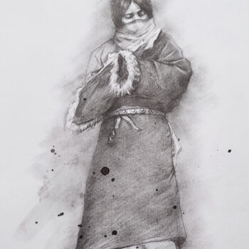 Drawing titled "Tibetan youth" by Hongtao Huang, Original Artwork, Pencil