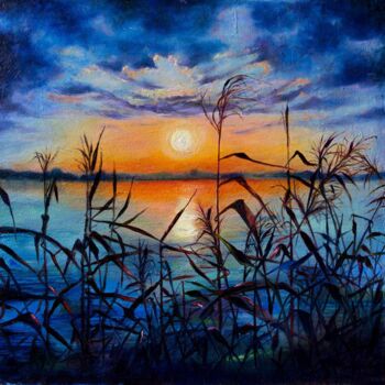 Painting titled "Sunset on the river…" by Inga Loginova, Original Artwork, Oil