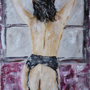 Malerei mit dem Titel "femme nue en porte…" von Michel Capra, Original-Kunstwerk, Öl
