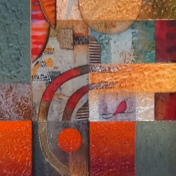 Collagen mit dem Titel "L'oiseau rouge" von Thierry Robin, Original-Kunstwerk, Collagen Auf Karton montiert